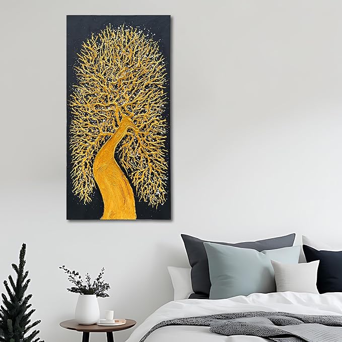 Art Hand-Painted Black and Gold Tree Texture Abstract Oil Painting 48x24-inch Vertical Canvas Painting for Home and Office Wall Decoration Art