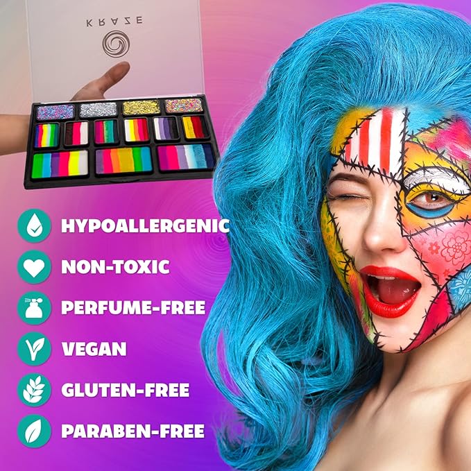 Kraze FX Professional Face Painting Split Cake Palette, Water Activated, Hypoallergenic, Safe, Non Toxic Halloween Party Makeup Face Paint Kit for Kids & Adults (9 Splitcake, 4 Glitter Set)