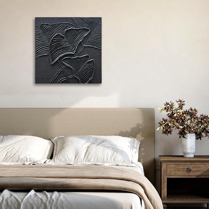 NANKAI Art Hand-Painted Black Leaf Texture Abstract Art Contemporary Minimalist Canvas Oil Painting, Home Living Room Corridor Wall Decoration Art, 24x24 inches