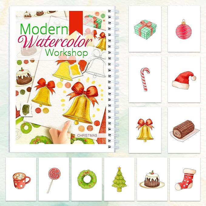Watercolor Workbook for Beginners with Step-by-Step - 12 Watercolor Coloring Pages - 100% Cotton 300gsm/140lb Watercolor Paper - Gift for Women,Adults, Teens (Christmas)