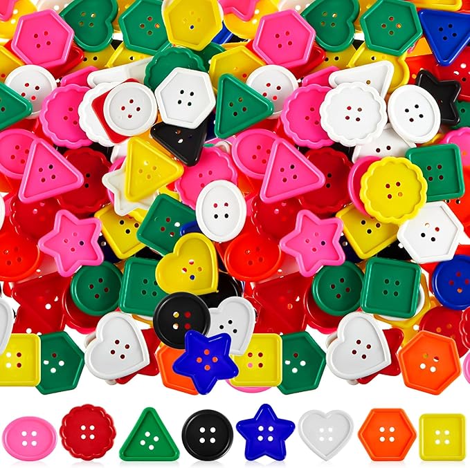 Taiyin 300 Pieces Big Bright Buttons for Kids 8 Vivid Colors and 8 Large Shapes for Crochet Knitting Arts and Crafts Projects Hand Made Gifts