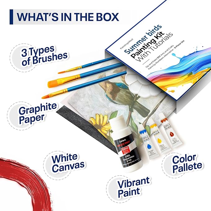 Painting4Real DIY Art Painting Kit for Adults – Learn to Paint Summer Birds with Video Tutorials – 9 Pieces Acrylic Paint Set for Adults –Perfect Christmas Crafts & Holiday Gifts for Art Lovers