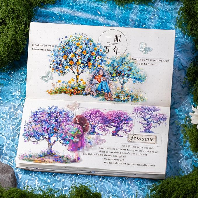 Flower Tree Scrapbook Stickers Set, 60PCS Holographic Ephemera for Scrapbooking, Junk Journaling, Crafting, DIY Projects, Diaries, and Art Supplies
