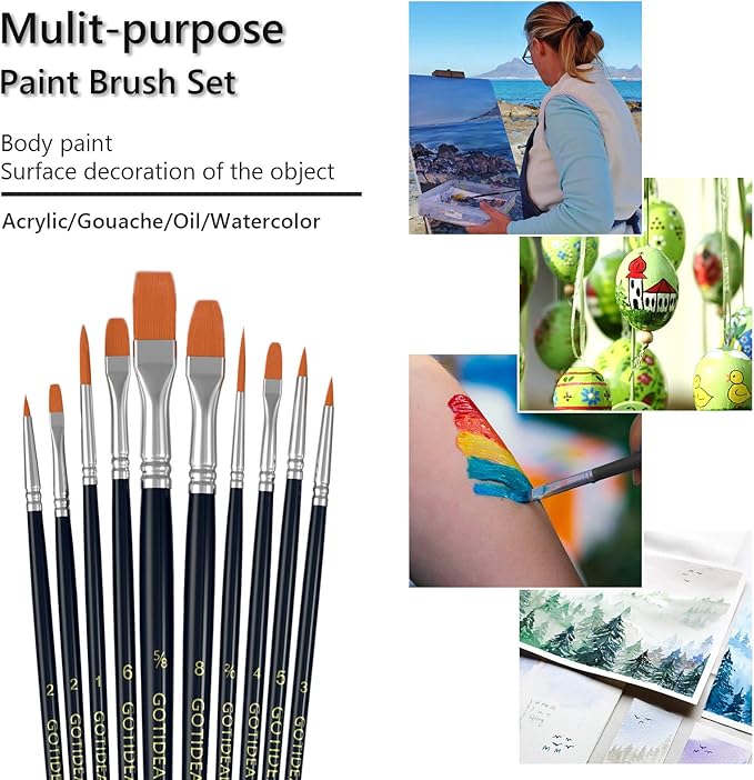 GOTIDEAL Paint Brush Set, 50 Pcs Round Pointed Tip, Small Nylon Hair Brushes for Acrylic, Oil and Gouache，Body, Face Nail Art and Rock Painting, Perfect for Kids & Adult