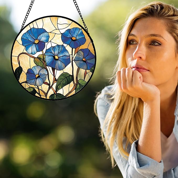 Stained Glass Window Hanging - Morning Glory Suncatcher for Door Garden Home Decor Birth Flower Sun Catcher Christmas Birthday for Lovers Friend Women Mom Nana 6.3 in