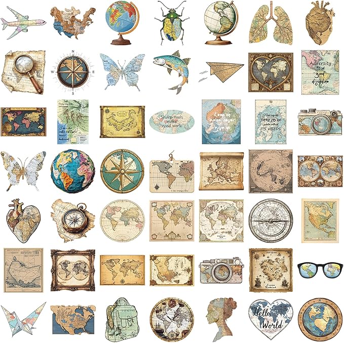 50Pcs Vintage Maps Stickers Pack, Graffiti World Maps Decals for Suitcase Guitar Water Bottles Laptop Computer Scrapbook Kindle Journal, Retro Waterproof Stickers for Adults