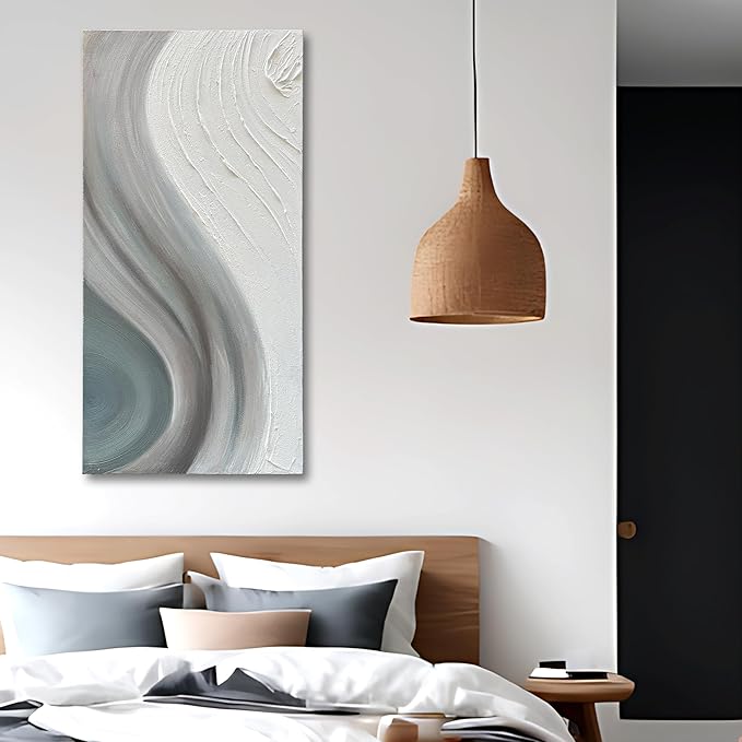 Art Hand-Painted White and Grey Gradient Texture Abstract Oil Painting, 48x24-inch Vertical Canvas Painting, Home and Office Wall Decoration Art