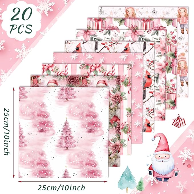HunnmingRe 20 Pcs 10''x10'' Pink Christmas Quilting Fabric Square Santa Claus Nutcracker Quiltted Fabric Bundle Reindeer Snowman Precuts Printed Patchwork Supplies for Winter Xmas DIY Sewing Craft