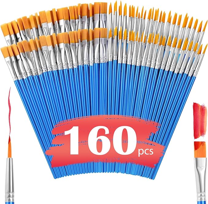 AROIC Small Paint Brushes Bulk,160 Pcs Nylon Hair Paint Brushes for Kids with Flat and Round Pointed Acrylic Paint Brush Sets,Acrylic Paint Brush for Classroom Oil Watercolor Face Painting Kits.
