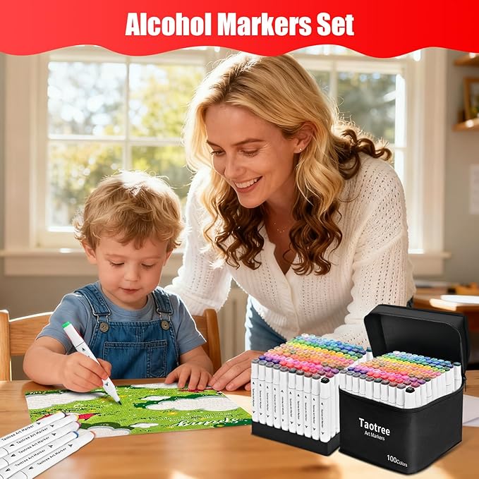 Taotree Alcohol Markers Set 100 Colors with Case & Holders, Dual Tips Art Coloring Markers Pens, Chisel & Fine Art Supplies Sketch Pens for Artist Adult Coloring Books Drawing, Painting, Sketching