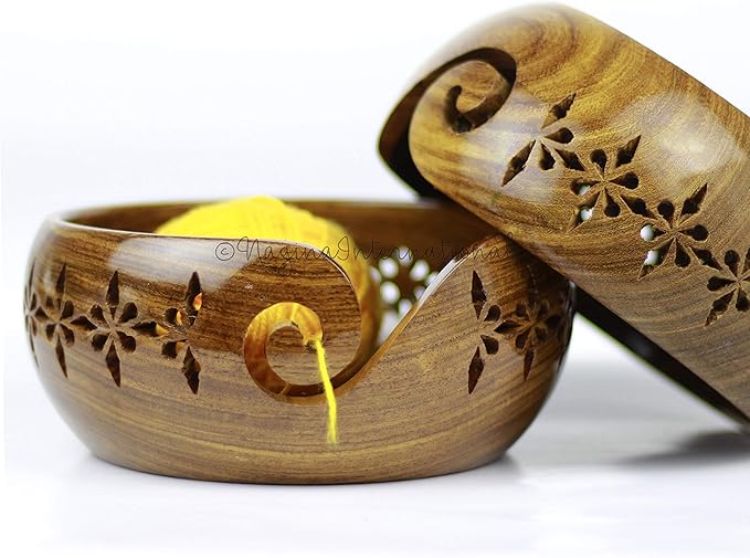 Nagina International Rosewood Crafted Wooden Yarn Storage Bowl With Carved Holes & Drills | Knitting Crochet Accessories (Small)