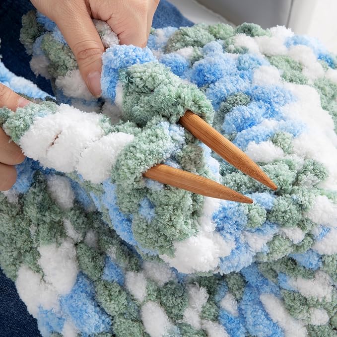 HOMBYS 8 Pack Giant Chunky Yarn for Crocheting,Super Bulky Large Soft Fluffy Yarn,Tie Dye Plush Fuzzy Yarn,Mixed Color Thick Chenille Yarn for Hand Knitting/Arm Knitting (Sky Blue,Green,White)