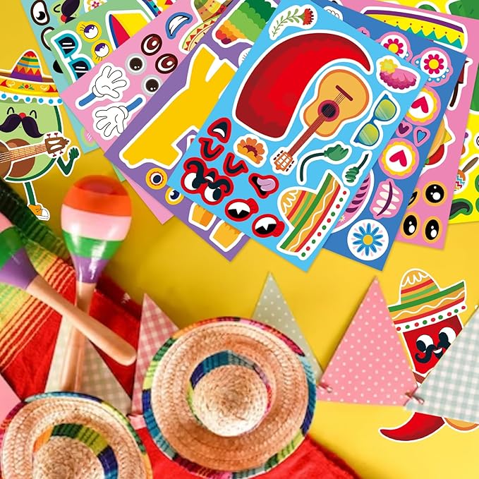 24 PCS Mexican Fiesta Stickers, Make Your Own Mexican Carnival Stickers, Make a Face Stickers for Kids, Cinco De Mayo Tacos Cactus Guitar Sticker for Mexican Carnival Themed Birthday Party Supplies