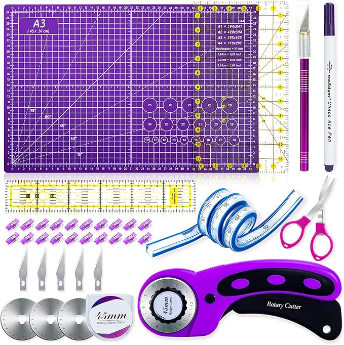 Nicecho Rotary Cutter Set,Sewing Quilting Supplies,45mm Fabric Cutters,A3 Cutting Mat for Sewing,Acrylic Rulers,Scissors,Exacto Knife,Clips,Beginners Sewing Accessories,Fabric Cutter Kit