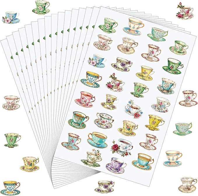 Humyoun 300 Pcs Tea Cup Stickers Rustic Mini Teacup Stickers Tea Time Party Favors Aesthetic Waterproof Vinyl Decals Pack for Water Bottles Scrapbooking Laptop Luggage Phone Skateboard