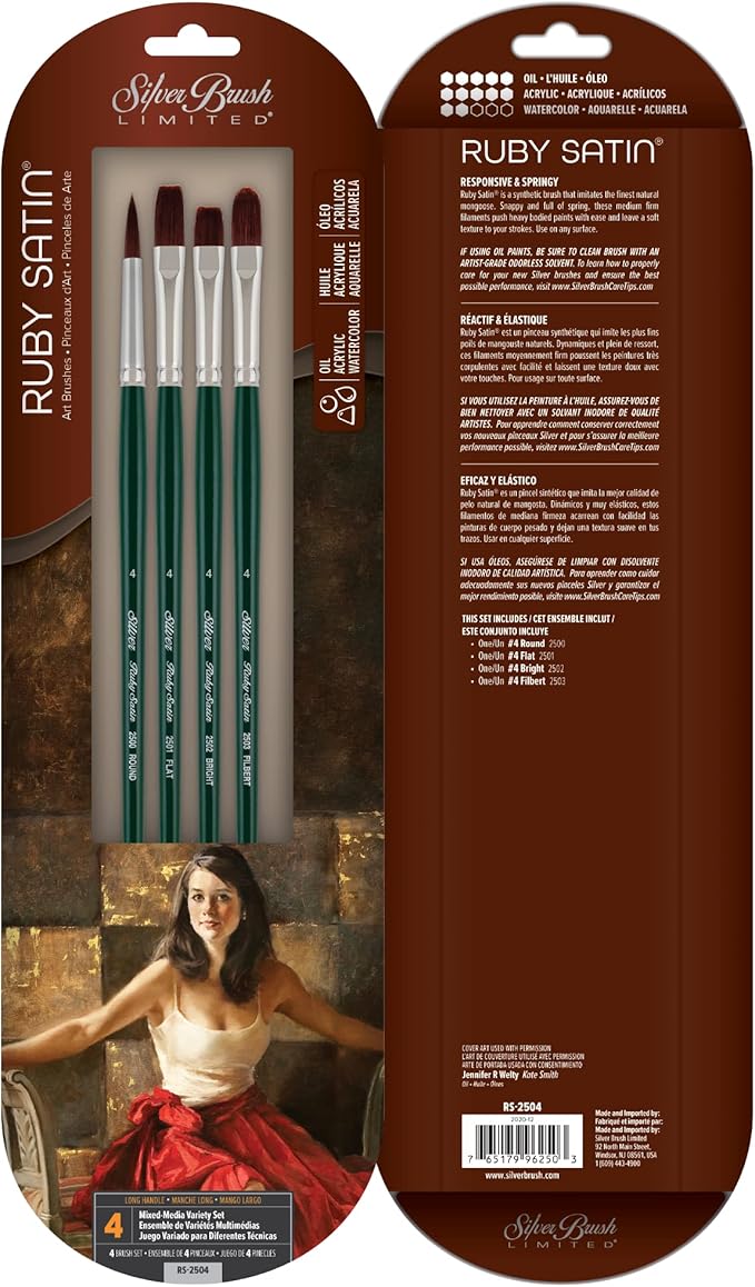 Silver Brush Limited RS-2504 Ruby Satin Mixed-Media Variety Set, Paintbrushes for Oil, Acrylic, and Heavy Body Paints, Set of 4, Size 4 Round, Flat, Bright, & Filbert Brushes, Long Handle