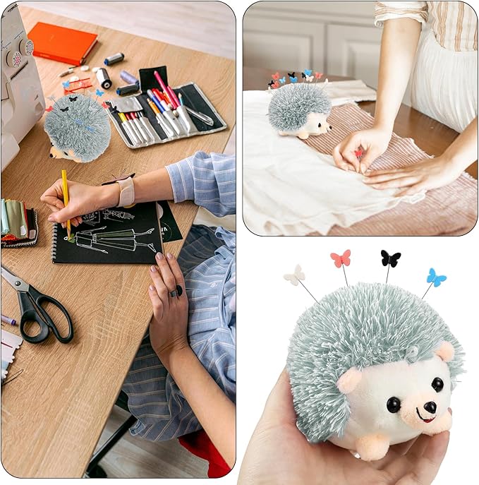 Hedgehog Shaped Pin Cushion Sewing Kit, Sewing Pincushion with 100 Pcs Colored Butterfly Pins for Sewing Dressmaker (Gray)