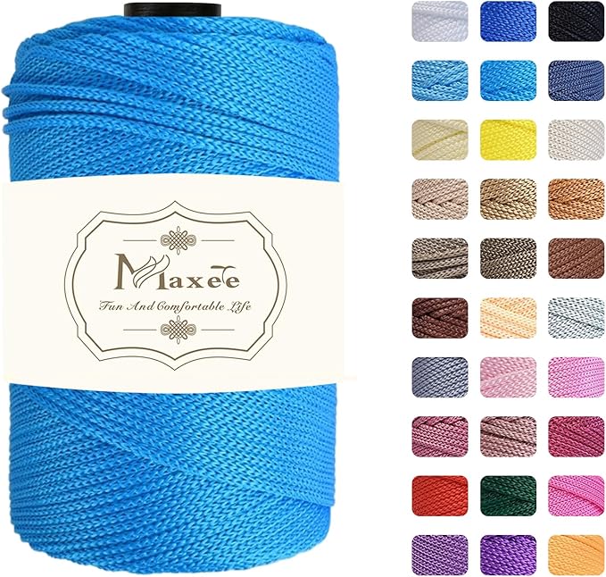 Maxee Premium Polyester Macrame Cord 3 mm × 218 yd,3mm 100% Polypropylene Macrame Cord,Ideal for Crochet, Wall Hangers, Bags, Rugs & DIY Crafts（Lake Blue）
