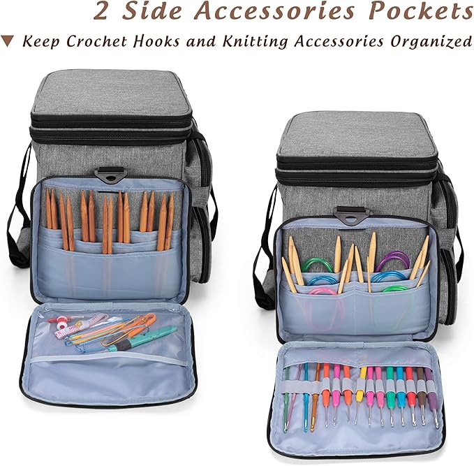 Yarwo Knitting Yarn Bag, Portable Crochet Storage Tote with Double Top Cover and Yarn Holes for Knitting Needles(Up to 14”), Unfinished Projects and Skeins of Yarn, Gray