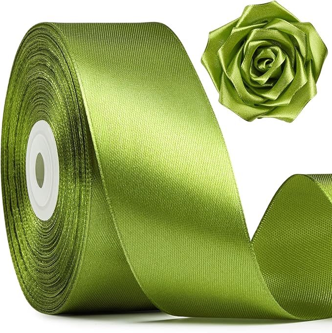 1-1/2 Inch Wide Olive Green Satin Ribbon, 50 Yards Solid Polyester Fabric Ribbon for Roses Making, Gift Wrapping, Wedding Decorations, Crafts, Bows, Flower Bouquets