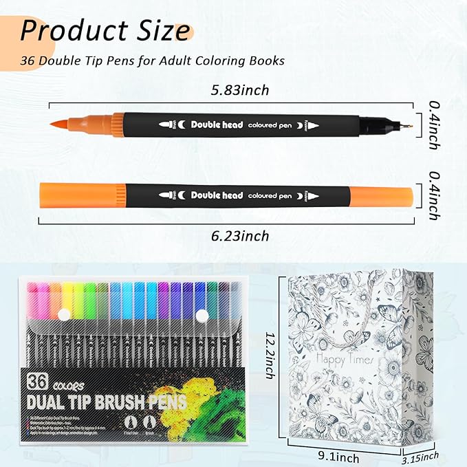 3Pcs Adult Coloring Book for Women Relaxation, 36 Colors Markers with Spiral Bound Adult Coloring Book for Women, 36 Dual Tip Colors Markers, Anxiety Relief Mindfulness Gifts(Ocean & Bird & Butterfly)
