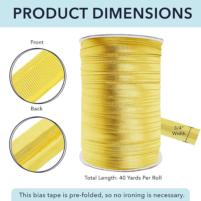 Mandala Crafts 3/4 Inch Single Fold Bias Tape for Sewing, Quilting, Piping, Hemming, Blanket & Quilt Binding – 40 Yards Metallic Gold Fabric Seam Binding Tape