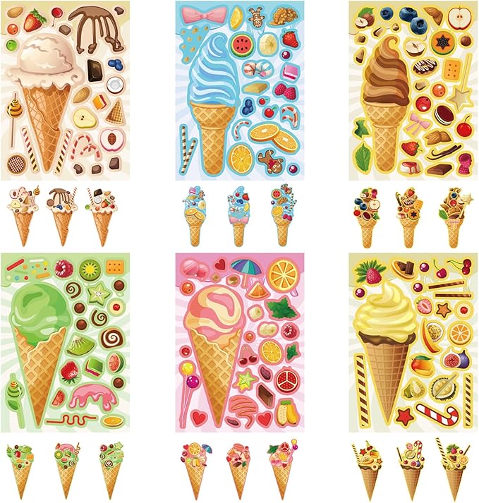 24 Sheets Make Your Own Multicolor Cartoon Ice Cream & Cupcake Stickers, Make a Face Stickers 12 Styles Dessert Sticker, Perfect for Decorating & Gifting, Ages 3+