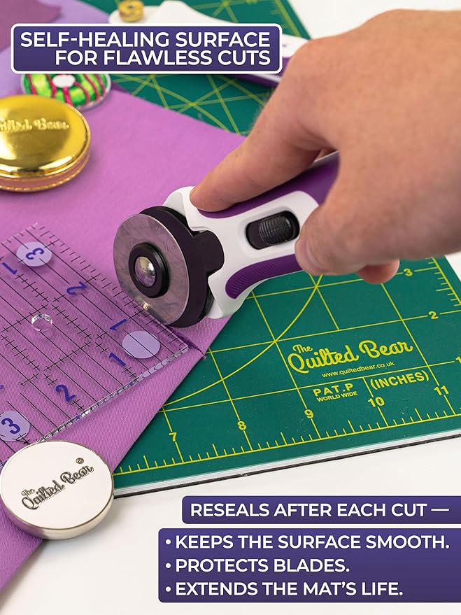 The Quilted Bear Rotating Cutting Mat 12" x 12" - Locking & Rotating Self Healing Cutting Board for Sewing, Fabric & Effortless Quilting - 360 Degree Sewing Supplies Mat for Craft Table (Green)
