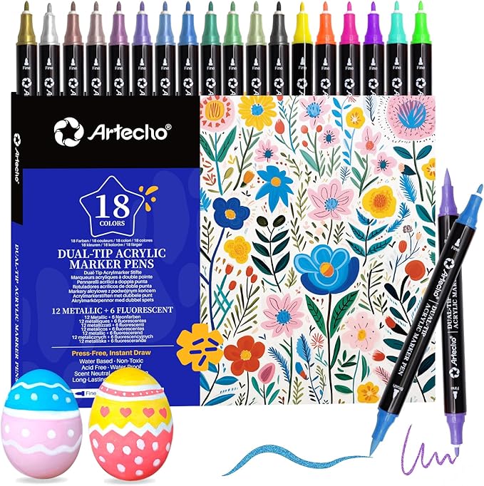Artecho Acrylic Paint Markers 6 Fluorescent + 12 Metallic Colors, for Stone, Rock Painting, Paper, Pumpkin, Wood, Egg, Canvas, Ceramic, Fabric, leather, Glass, DIY Crafts