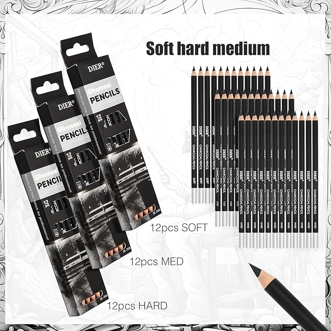 Geyoga 36 Pcs Professional Charcoal Pencils Soft, Medium and Hard for Drawing Charcoal Pencils for Sketching Shading Drawing Blending Portrait (Black,Assorted)