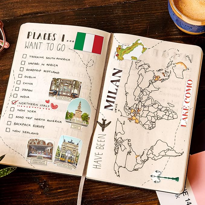 Navy Peony Northern Italy Travel Stickers (28pcs) - Gouache Style, Waterproof, Milan Venice-Themed Vacation Decals for Scrapbooks, Waterbottle