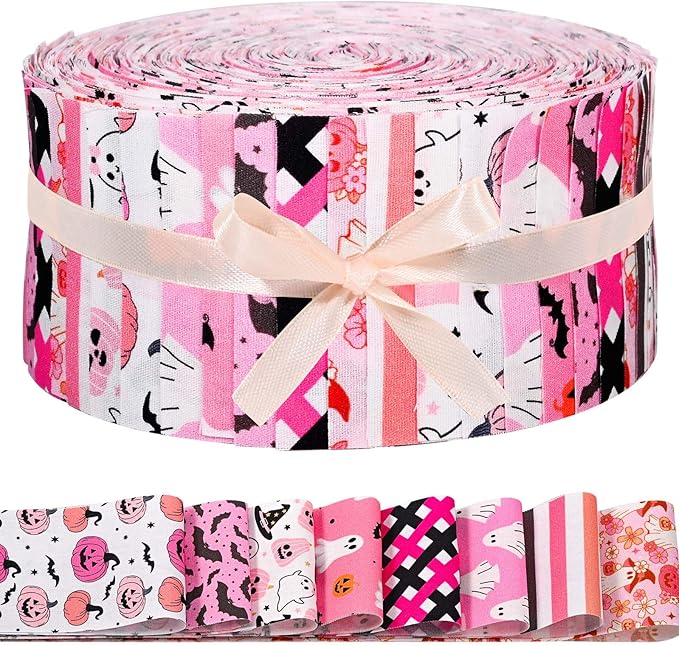 40Pcs Pink Halloween Cotton Jelly Fabric Strips Pumpkin Ghost Bat Fabric Strips for Quilting Crafting Precut Patchwork for Halloween Sewing DIY Crafts Decor