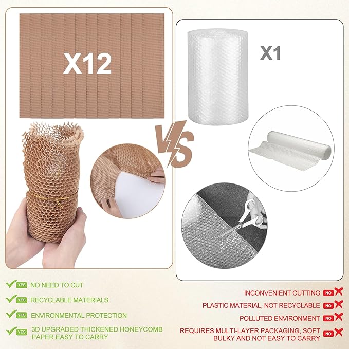 12Pcs 3D Honeycomb Packing Paper for Moving, 13" x 160" Upgrade and Reinforce Packing Paper Substitute Alternative for Bubble Cushioning Wrap with 20 Fragile Sticker