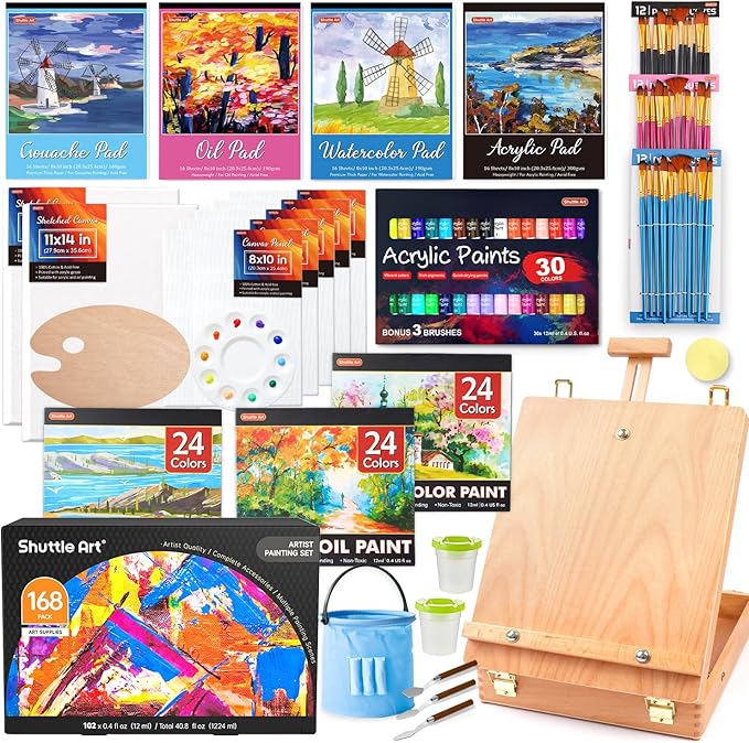 Shuttle Art 168 Pcs Artist Painting Kit, Deluxe Art Kit with Paint, Wooden Easel, Canvases, Paper Pads, Brushes and Other Art Supplies for Adults, Kids and Artists