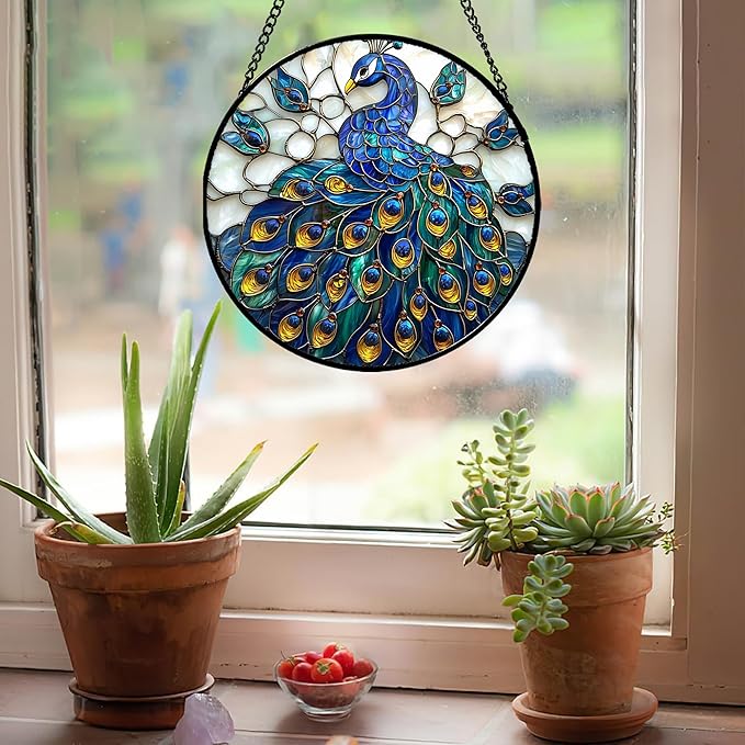 Stained Glass Window Hanging - Peacock Blue Gold Feathers Sun Catcher for Door Garden Home Decor Bird Suncatcher Christmas Mother's Day Birthday Gifts for Women Men Mom Nana 11.8 in