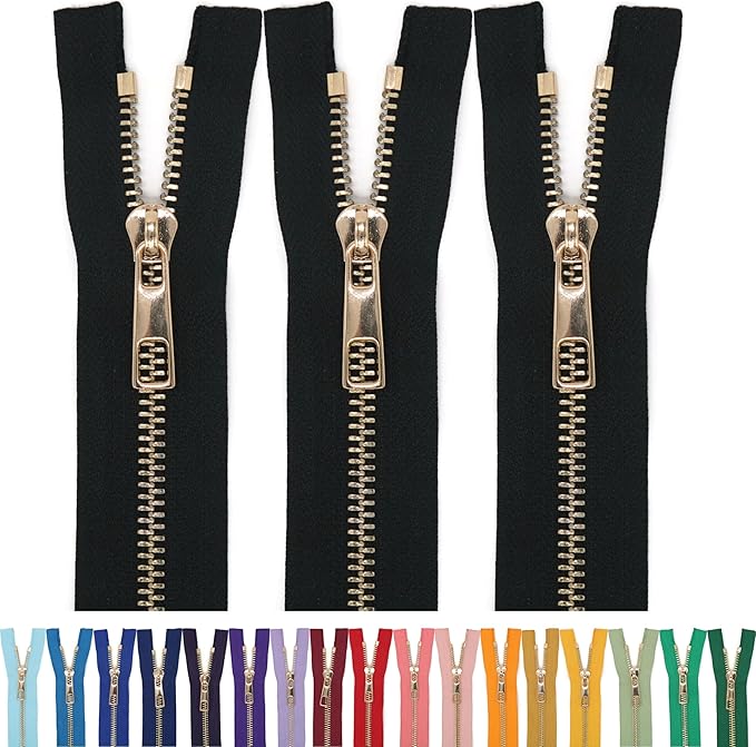 #5 Gold Metal Zipper - 50+ Colors - 3 PCS - (4-14 inches) Sizes - Luxury Lightweight Handcraft Metal Zippers with pulls for Purses Bags Pockets Shoes Sewing & Crafts DIY ZP02519