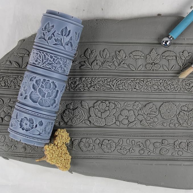 Victorian Garden Panels Clay Texture Roller (4") - Seamless Border Set #01 - Embossing Pattern Roller for Polymer & Ceramic Clay, Pottery & Crafts