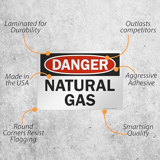 SmartSign 7 x 10 inch “Danger - Natural Gas” OSHA Label with Adhesive Backing, 3 mil Laminated Adhesive Polyester, Red, Black and White