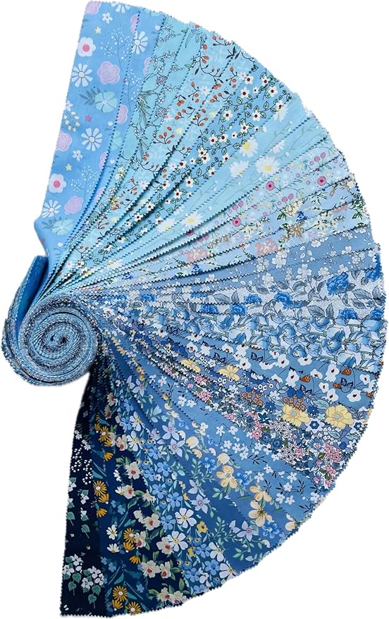 LUMANSUO Jelly Roll Fabric Strips 40PCS (2.5 x 44 Inch)- 20 Assorted Floral Prints, 100% Cotton, Precut Fabrics for Needlecraft and Quilting Sewing， Blue Moonlight