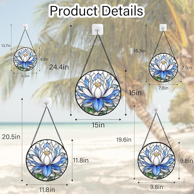 Stained Glass Window Hanging - Blue and White Lotus Petal Suncatcher for Doors Window Home Sun Catchers Decor Christmas Mother's Day July Birthday Gifts for Teacher Women Men Mom Nana 11.8 in