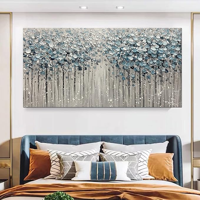 Yotree Paintings - 24x48 Inch 3D Oil Paintings on Canvas Blue Forest Heavy Texture Acrylic Painting Wall Art Wall Decoration Wood Inside Framed Hanging Ready to Hang