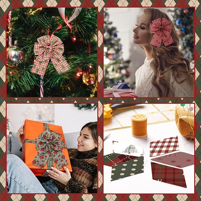 Fanfanwin 40 Pcs Woodland Plaid Christmas Quilting Fabric Roll 2.56 Inch Precut Fabric Squares Jelly Patchwork Snowflake Reindeer Poinsettia Strips Materials for Winter Xmas Craft Sewing Panels DIY