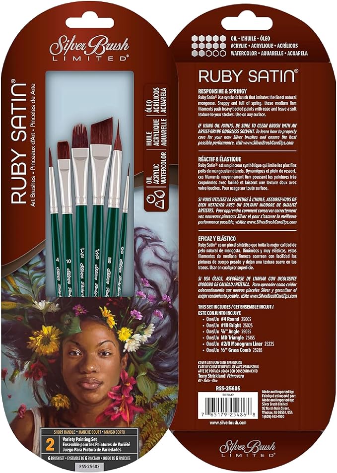 Silver Brush Limited RSS-2560S Ruby Satin Variety Set, Paintbrushes for Oil, Acrylic, & Heavy Body Paints, Set of 6, Round, Bright, Angle, Triangle, Monogram Liner, & Grass Comb Brushes, Short Handle