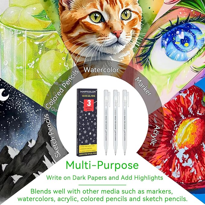 White Gel Pens, 0.8mm Extra Fine Point Opaque Archival Ink Pen for Black Paper Drawing, Art Highlight, Illustration, Bullet Journaling, Card Making & DIY Projects, 3 Pack