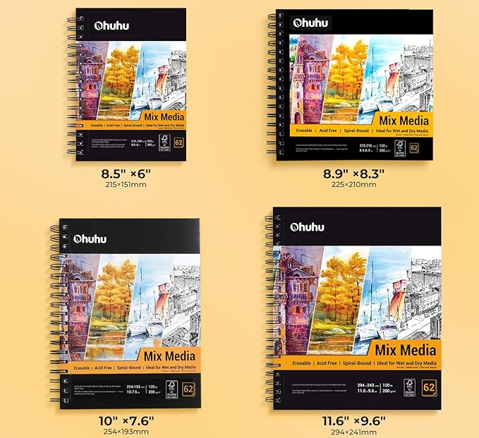 Ohuhu Mix Media Pad, 11.6"x9.6" Mixed Media Art Sketchbook, 120 lb/200 gsm Heavyweight Papers, 62 Sheets/124 Pages, Spiral Bound Mixed Media Paper Pad for Acrylic, Painting Christmas Gift