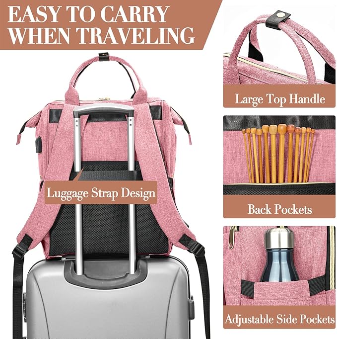 Kuosdaz Knitting Bag Backpack, Crochet Bag Tote, Yarn Organizer with USB Charging Port, Christmas Gifts Large Travel Crochet Storage Tote for Crochet Hooks, Knitting Needles, Yarn Supplies, Pink