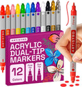 ARTISTRO 12 Acrylic Paint Markers for Rock, Fabric, Wood, Glass, Craft, Decoration - Dual-Tip Paint Pens - Stocking Stuffers, Christmas Gift Idea for Teens, Grandkids, Kids - Art Supplies
