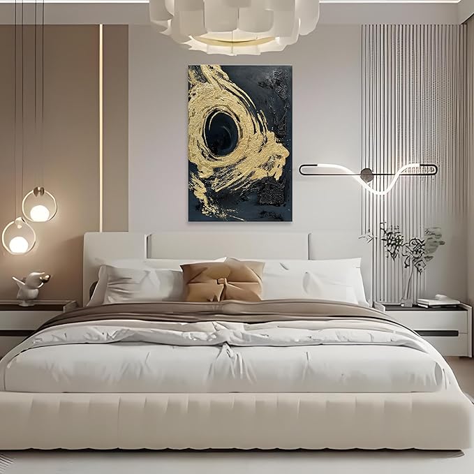 Art Hand-Painted Black and Gold Abstract Texture Oil Painting Modern Canvas Wall Art Deco 45x30 inches