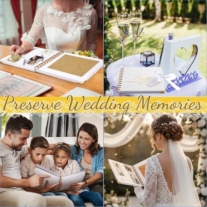8.5 x 7 Inch Wedding Guest Book Letters to The Bride Scrapbook Wedding Memory Book Bridal DIY Blank Paper Scrapbook Photo Album Guest Sign with Pearl Stickers, Metallic Letters, Bows