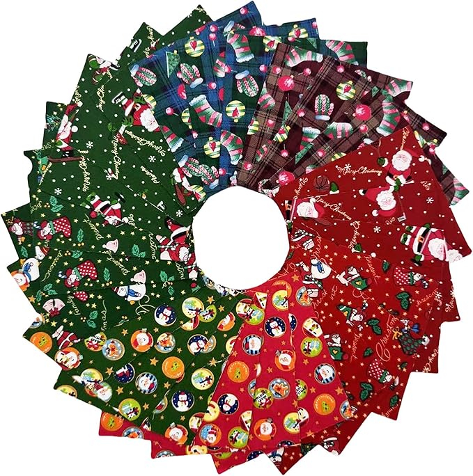 48Pcs 5x5 Inch Christmas Fabric Squares,100% Cotton Pre-Cut Quilt Clearance Charm Packs,8 Holiday Patterns for Quilting, Sewing DIY Crafts